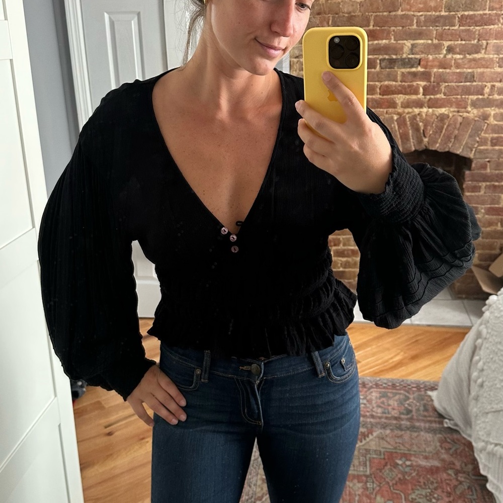 Free People Bell Sleeve Black Top